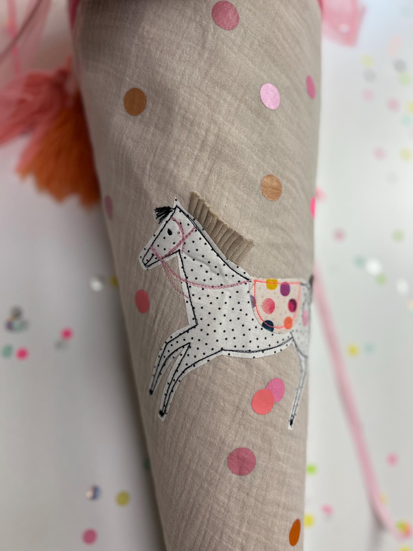 Schultüte Pferd, Pferdeschultüte Mädchen, Schultüte Musselin, Schultüte beige, Schultüte personalisiert, Einschulung, Schulanfang, Pferd