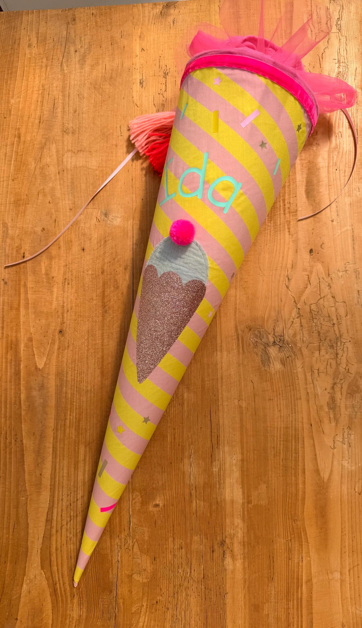 Einzelstück mit "Ida", Schultüte Musselin Schultüte Stoff Schultüte Mädchen Schultüte Eis, Schultüte Tüll, Schultüte Eiswaffel, Konfetti