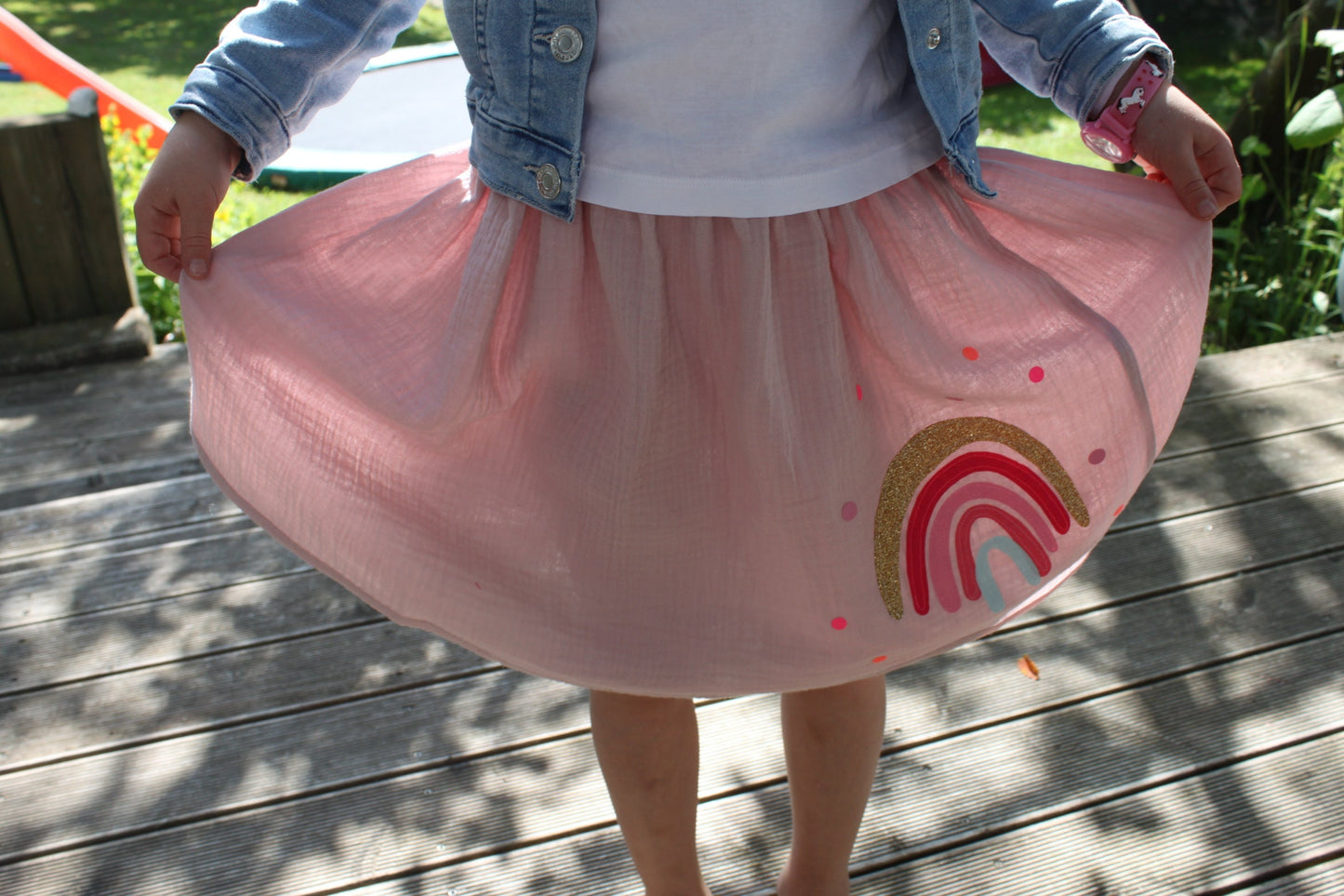 Mädchenrock Musselin, Rock Musselin, Musselinrock,Musselin, Rock Regenbogen,Regenbogenrock, Konfetti,Glitzerrock,Musselin rosa, altrosa