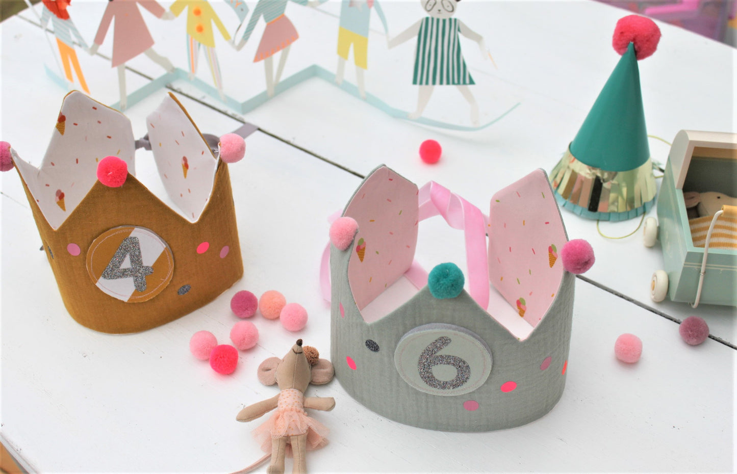 Wechselklettie Geburtstagskrone, Geburtstagskrone genäht, Geburtstagskrone Musselin, Musselinkrone, Zahl Geburtstagskrone wechseln