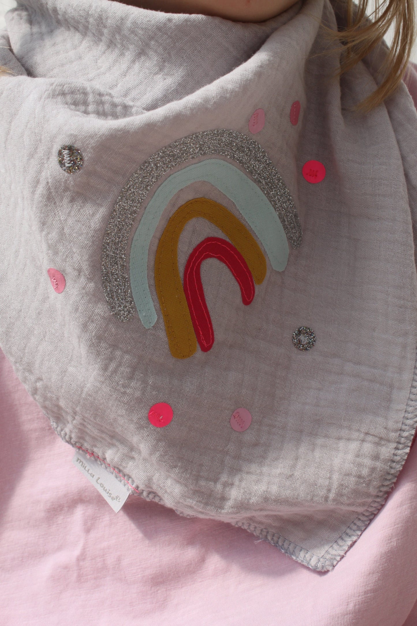Mädchen Halstuch Musselin, Musselintuch, Musselinschal,Tuch Regenbogen, Regenbogentuch, Konfetti, Glitzer, Musselin mint, Kinderschal grau