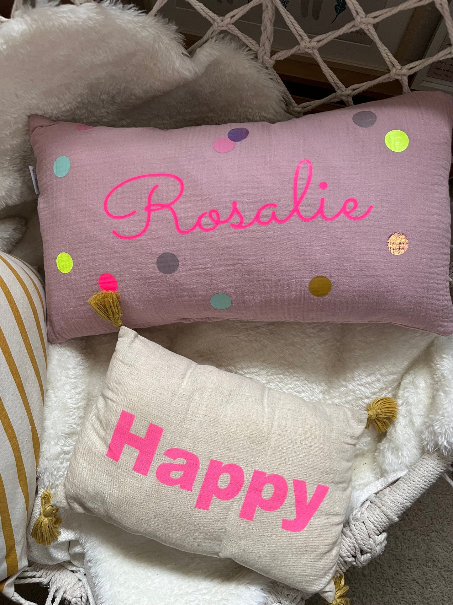 Musselinkissen mit Namen Kissenbezug Kissen Geburt Baby Kissenhülle Kissen personalisiert Nameskissen Kissen Musselin Konfetti