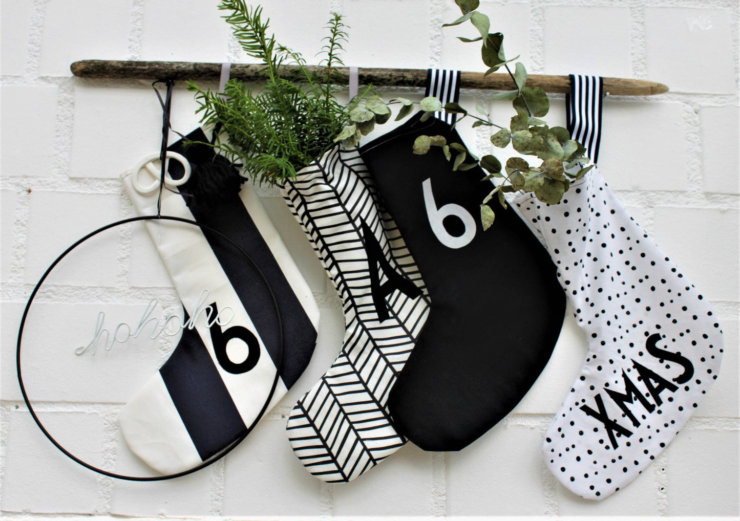 Nikolausstiefel, Nikolausstrumpf, Nikolaus, Advent, Weihnachten,Nikolausstrumpf Stoff, Weihnachtsdeko schwarz-weiß,Weihnachten skandinavisch
