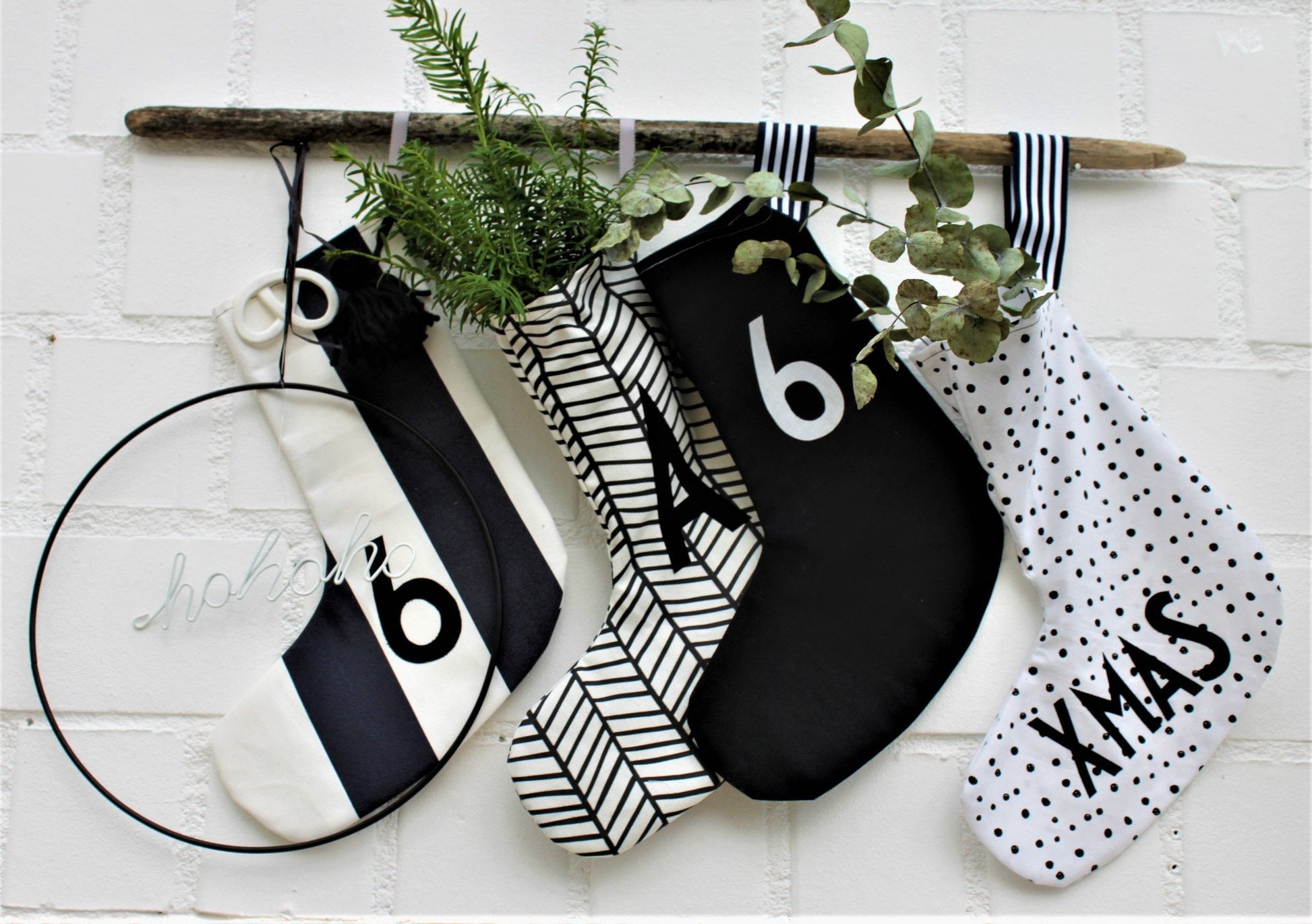 Nikolausstiefel, Nikolausstrumpf, Nikolaus, Advent, Weihnachten,Nikolausstrumpf Stoff, Weihnachtsdeko schwarz-weiß,Weihnachten skandinavisch