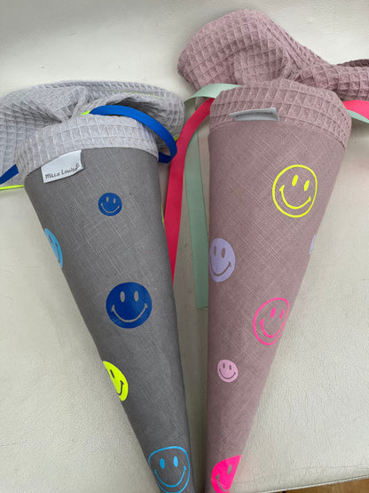 Geschwisterschultüte Zuckertüte Trosttüte Schultüte Stoff Schulanfang Einschulung Geschwisterschultüte Musselinschultüte Smiley neon