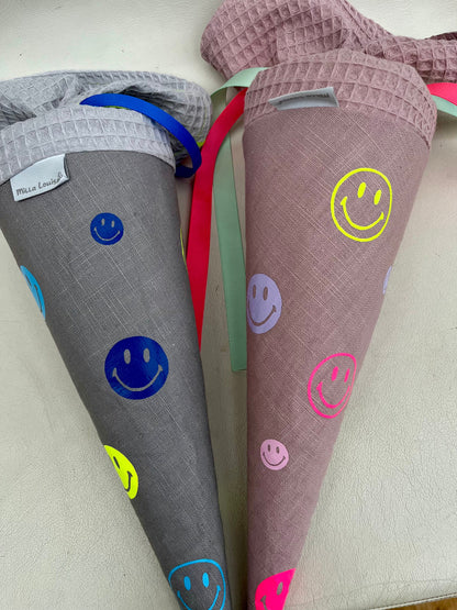 Geschwisterschultüte Zuckertüte Trosttüte Schultüte Stoff Schulanfang Einschulung Geschwisterschultüte Musselinschultüte Smiley neon