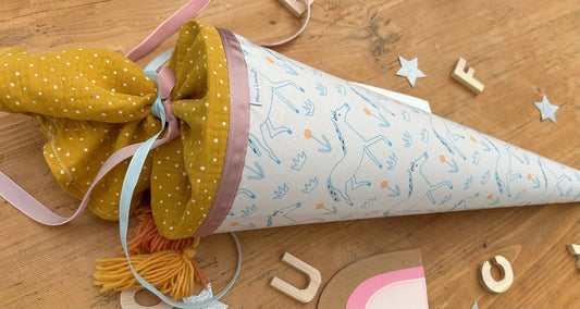 Nur 3 Stück! Schultüte Musselin Schultüte Stoff Schulanfang Schultüte Mädchen Schultüte Einschulung Schultüte Pferde Pferdeschultüte blau