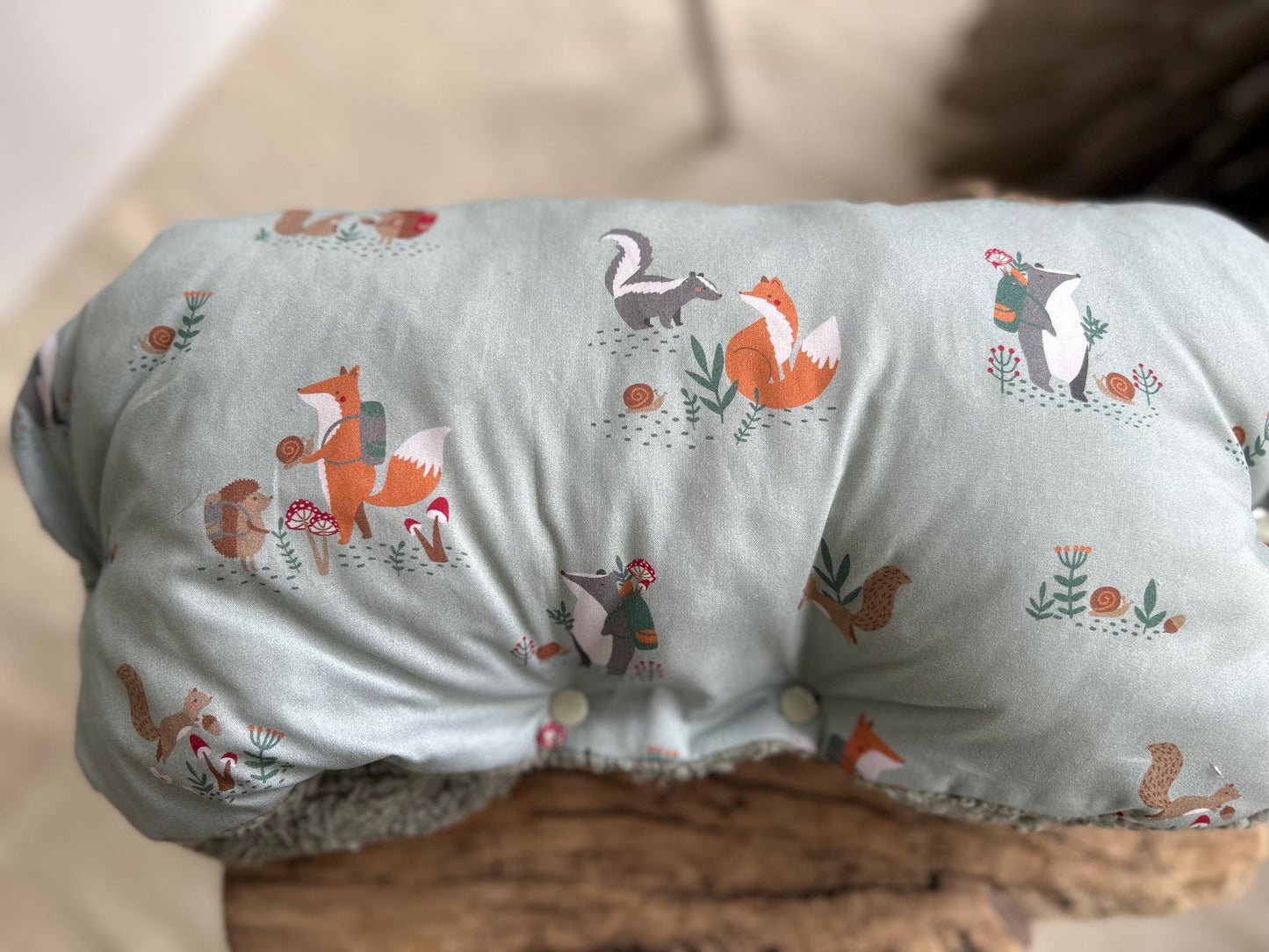Kinderwagenmuff, Kinderwagenmuff Tiere, Muff Baby, Kinderwagenmuff Fuchs, warme Hände, Geschenk zur Geburt, Muff grün, Weihnachtsgeschenk