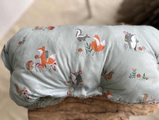 Kinderwagenmuff, Kinderwagenmuff Tiere, Muff Baby, Kinderwagenmuff Fuchs, warme Hände, Geschenk zur Geburt, Muff grün, Weihnachtsgeschenk