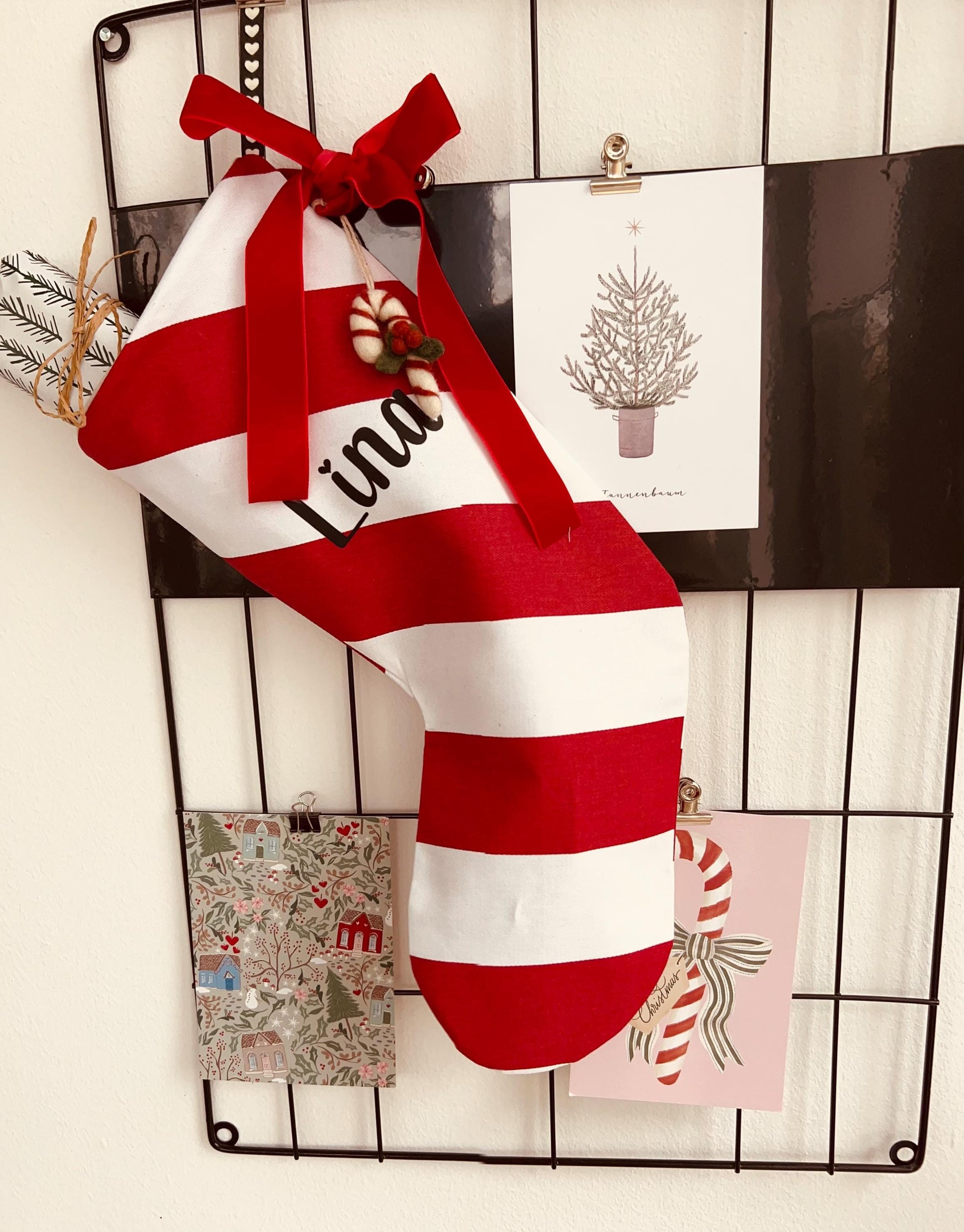 Nikolausstiefel Musselin, Nikolausstiefel rot, Nikolausstrumpf, Nikolaus, Weihnachtsdeko, Nikolausstiefel Zuckerstange, Weihnachtsmann
