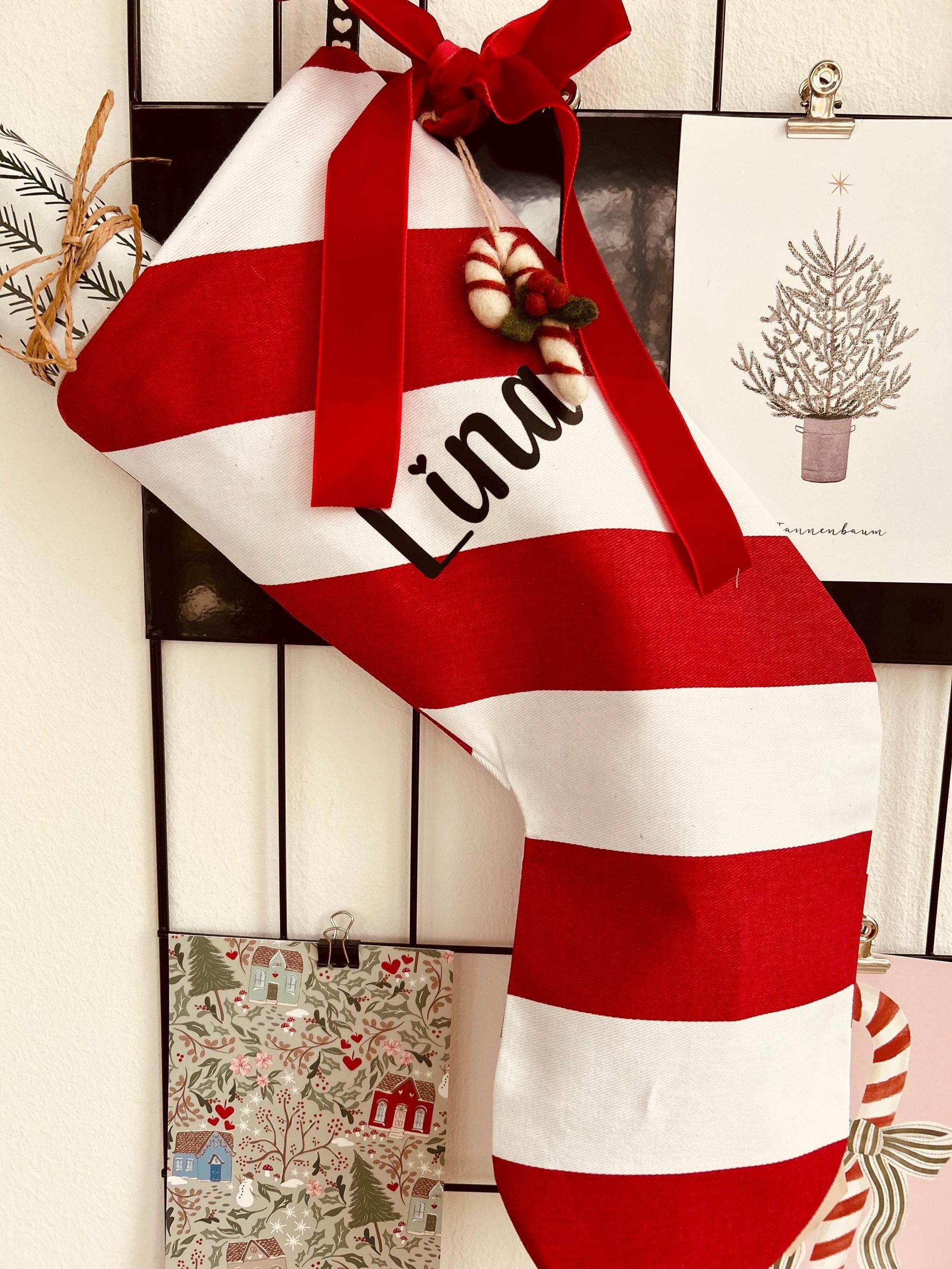 Nikolausstiefel Musselin, Nikolausstiefel rot, Nikolausstrumpf, Nikolaus, Weihnachtsdeko, Nikolausstiefel Zuckerstange, Weihnachtsmann