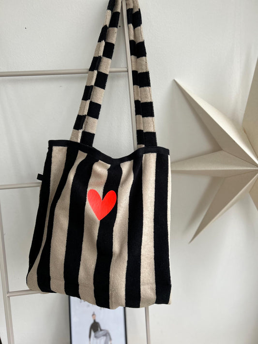 Frottee Tasche, Beutel aus Frottee,Beutel, Streifentasche, Tasche aus Frottee,Tasche gestreift, Beutel schwarz weiß, schwarz beige, PomiPomi