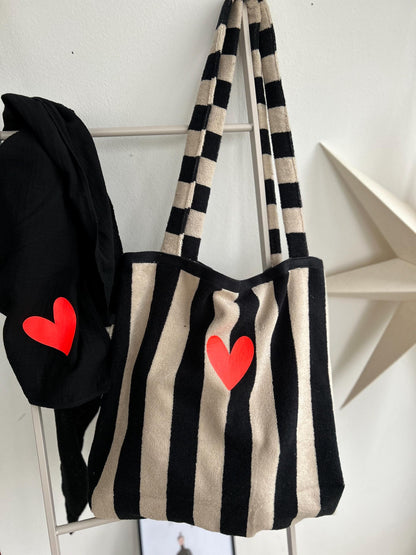 Frottee Tasche, Beutel aus Frottee,Beutel, Streifentasche, Tasche aus Frottee,Tasche gestreift, Beutel schwarz weiß, schwarz beige, PomiPomi