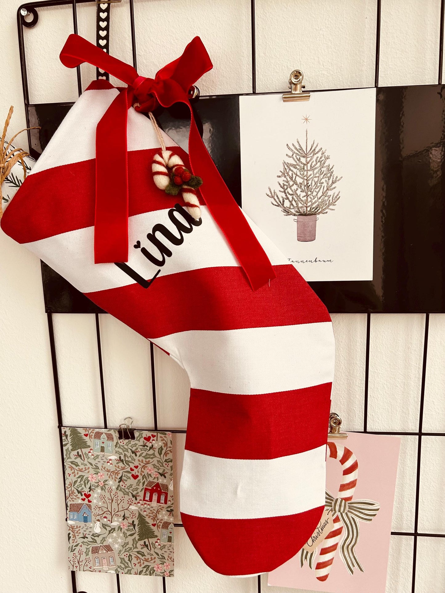 Nikolausstiefel Musselin, Nikolausstiefel rot, Nikolausstrumpf, Nikolaus, Weihnachtsdeko, Nikolausstiefel Zuckerstange, Weihnachtsmann