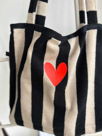 Frottee Tasche, Beutel aus Frottee,Beutel, Streifentasche, Tasche aus Frottee,Tasche gestreift, Beutel schwarz weiß, schwarz beige, PomiPomi