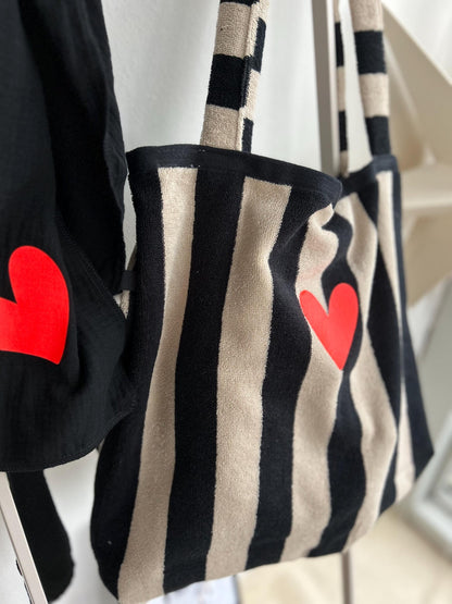 Frottee Tasche, Beutel aus Frottee,Beutel, Streifentasche, Tasche aus Frottee,Tasche gestreift, Beutel schwarz weiß, schwarz beige, PomiPomi