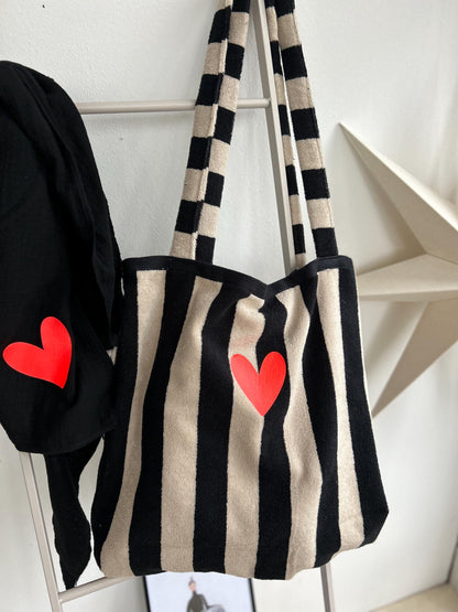 Frottee Tasche, Beutel aus Frottee,Beutel, Streifentasche, Tasche aus Frottee,Tasche gestreift, Beutel schwarz weiß, schwarz beige, PomiPomi