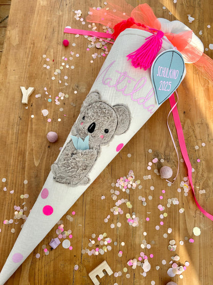 Schultüte Musselin Schultüte Stoff Schulanfang Schultüte Mädchen Schultüte Koala Einschulung Musselinschultüte beige Schultüte mit Name
