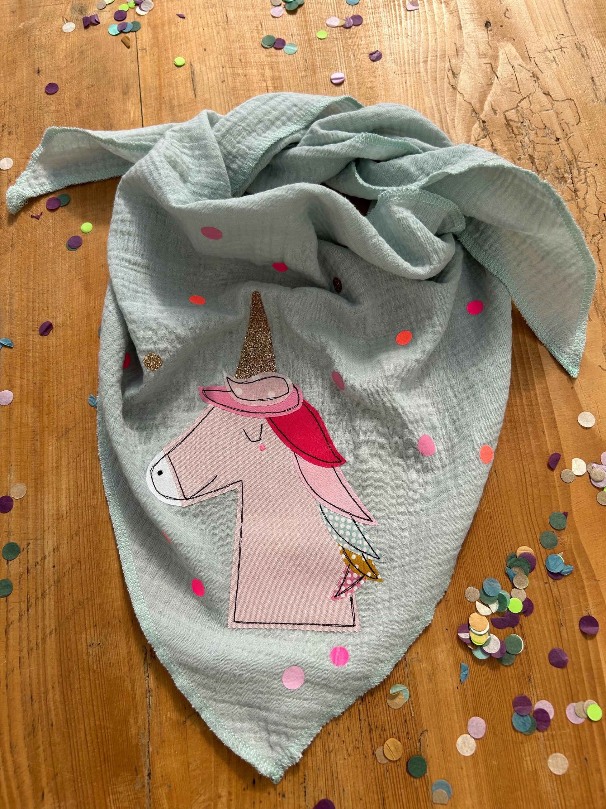 Kinder Halstuch Musselin, Musselintuch Musselinschal Tuch Einhorn, Geschenk, Konfetti, Glitzer, Musselin mint, Geschenk Einschulung, Schule