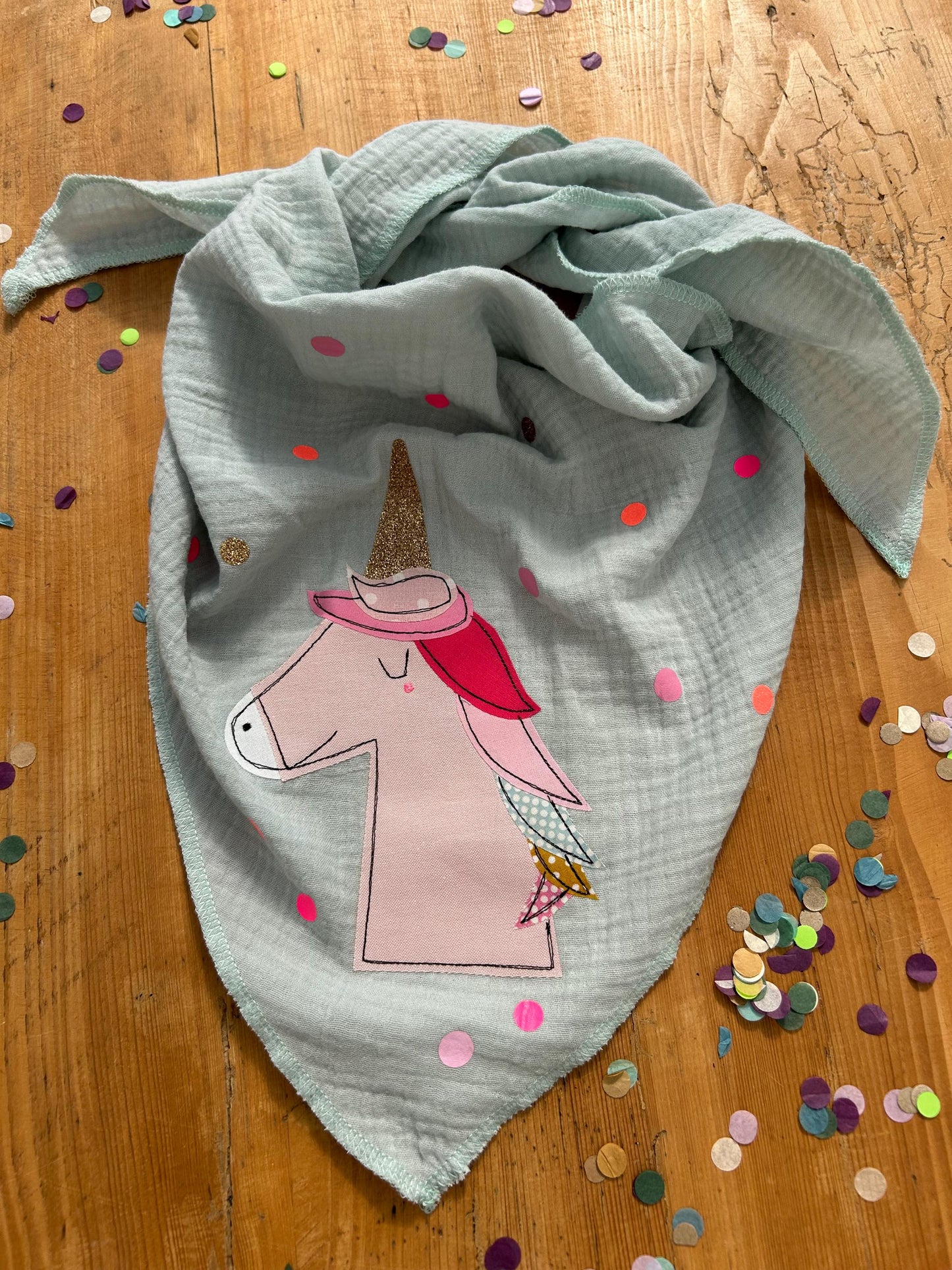 Kinder Halstuch Musselin, Musselintuch Musselinschal Tuch Einhorn, Geschenk, Konfetti, Glitzer, Musselin mint, Geschenk Einschulung, Schule