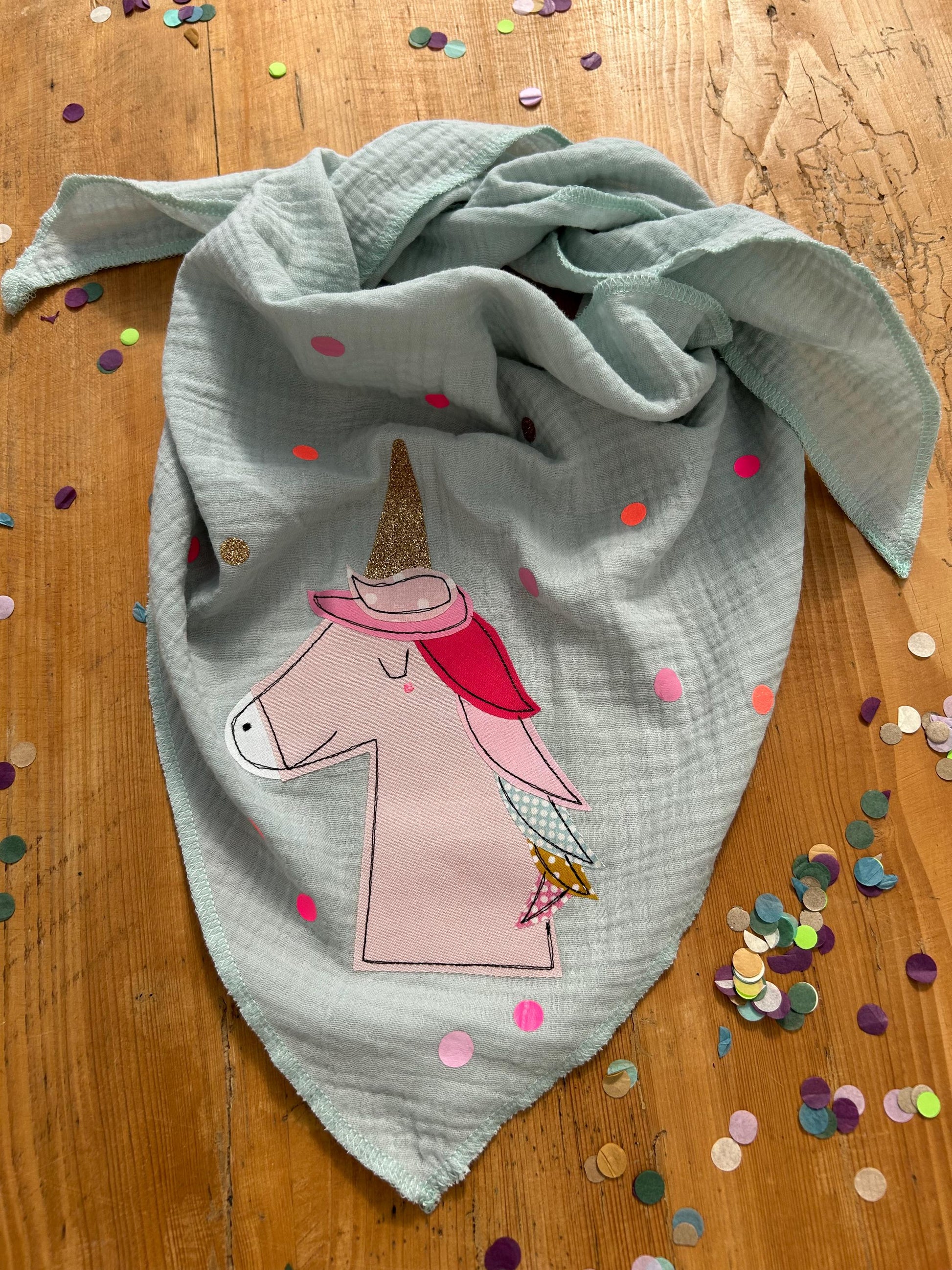 Kinder Halstuch Musselin, Musselintuch Musselinschal Tuch Einhorn, Geschenk, Konfetti, Glitzer, Musselin mint, Geschenk Einschulung, Schule