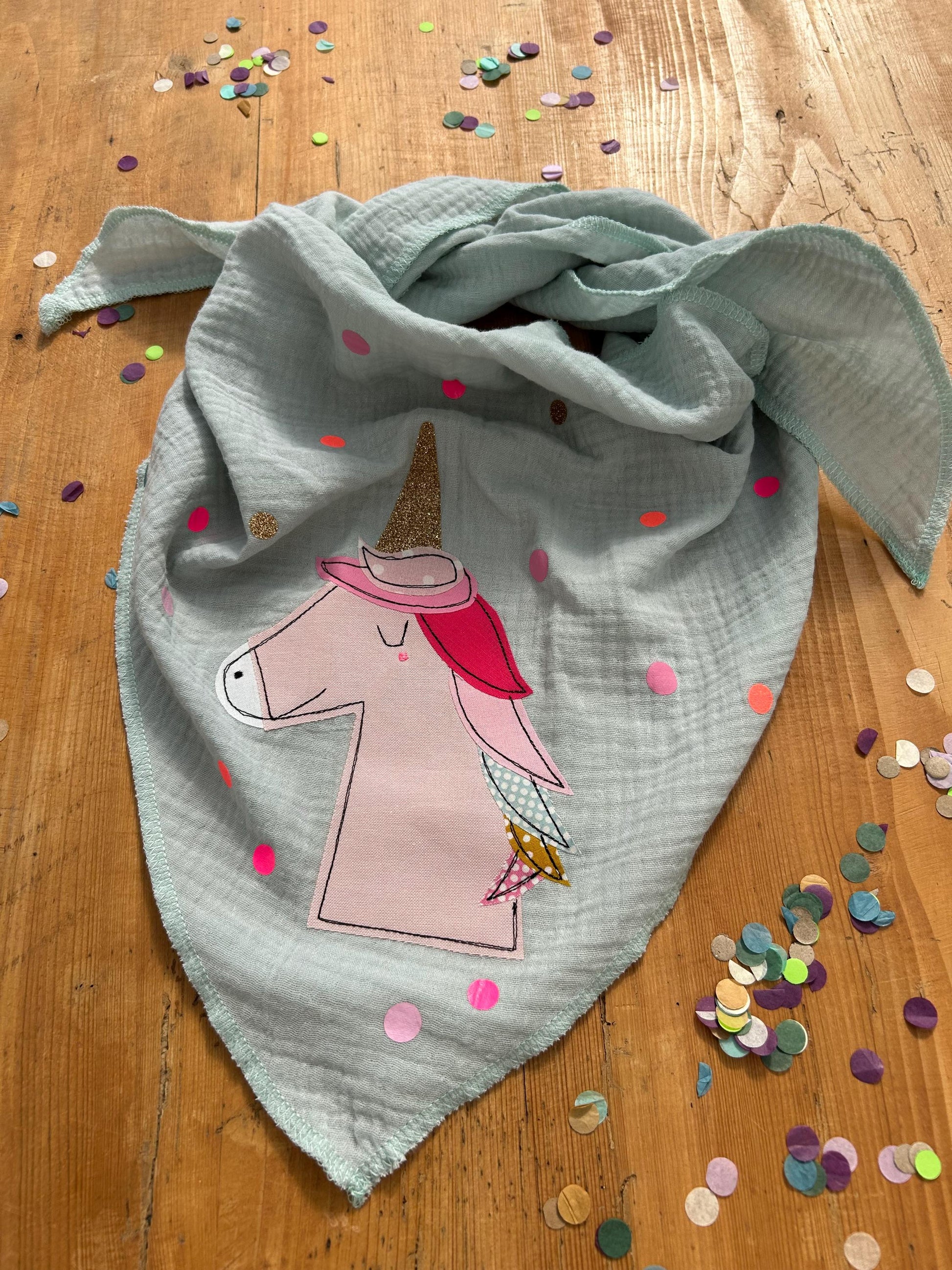 Kinder Halstuch Musselin, Musselintuch Musselinschal Tuch Einhorn, Geschenk, Konfetti, Glitzer, Musselin mint, Geschenk Einschulung, Schule