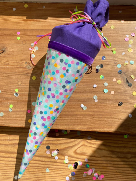 Geschwisterschultüte, Zuckertüte, Trosttüte Musselin Schultüte Stoff Schulanfang Einschulung bunte Konfetti Kindergarten Milla Louise lila