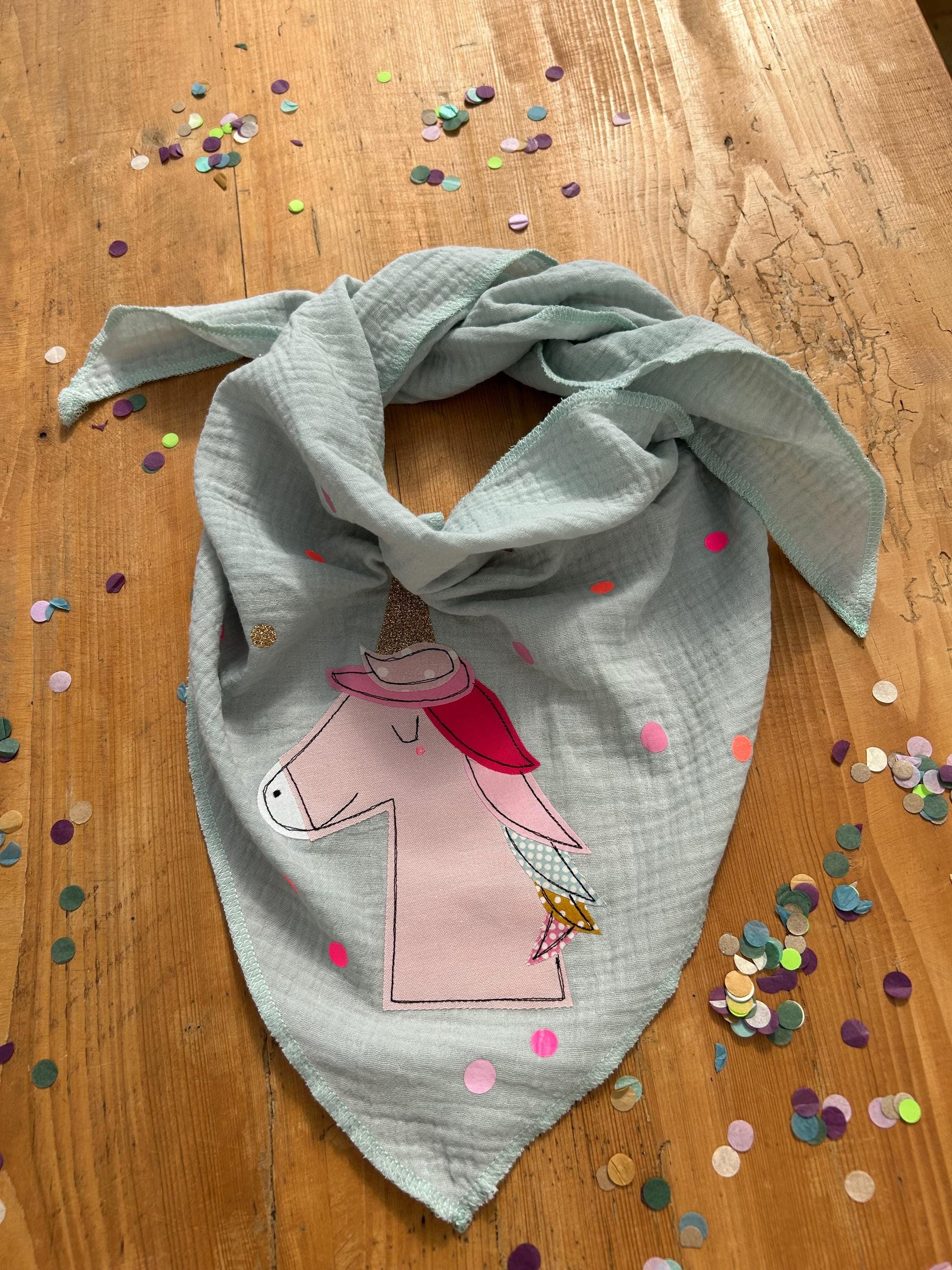Kinder Halstuch Musselin, Musselintuch Musselinschal Tuch Einhorn, Geschenk, Konfetti, Glitzer, Musselin mint, Geschenk Einschulung, Schule