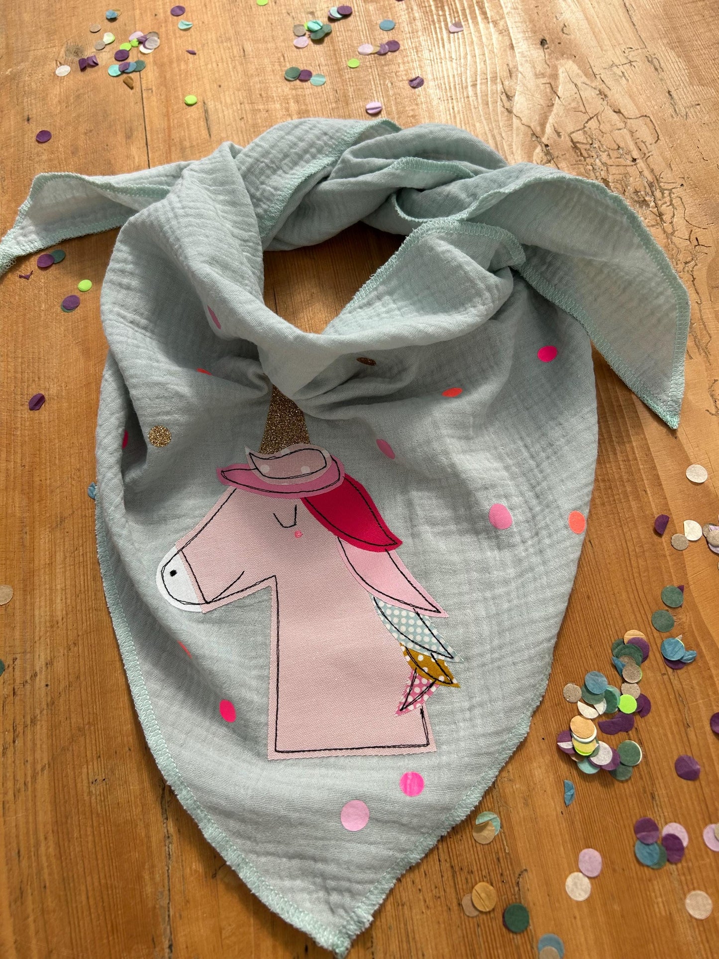 Kinder Halstuch Musselin, Musselintuch Musselinschal Tuch Einhorn, Geschenk, Konfetti, Glitzer, Musselin mint, Geschenk Einschulung, Schule