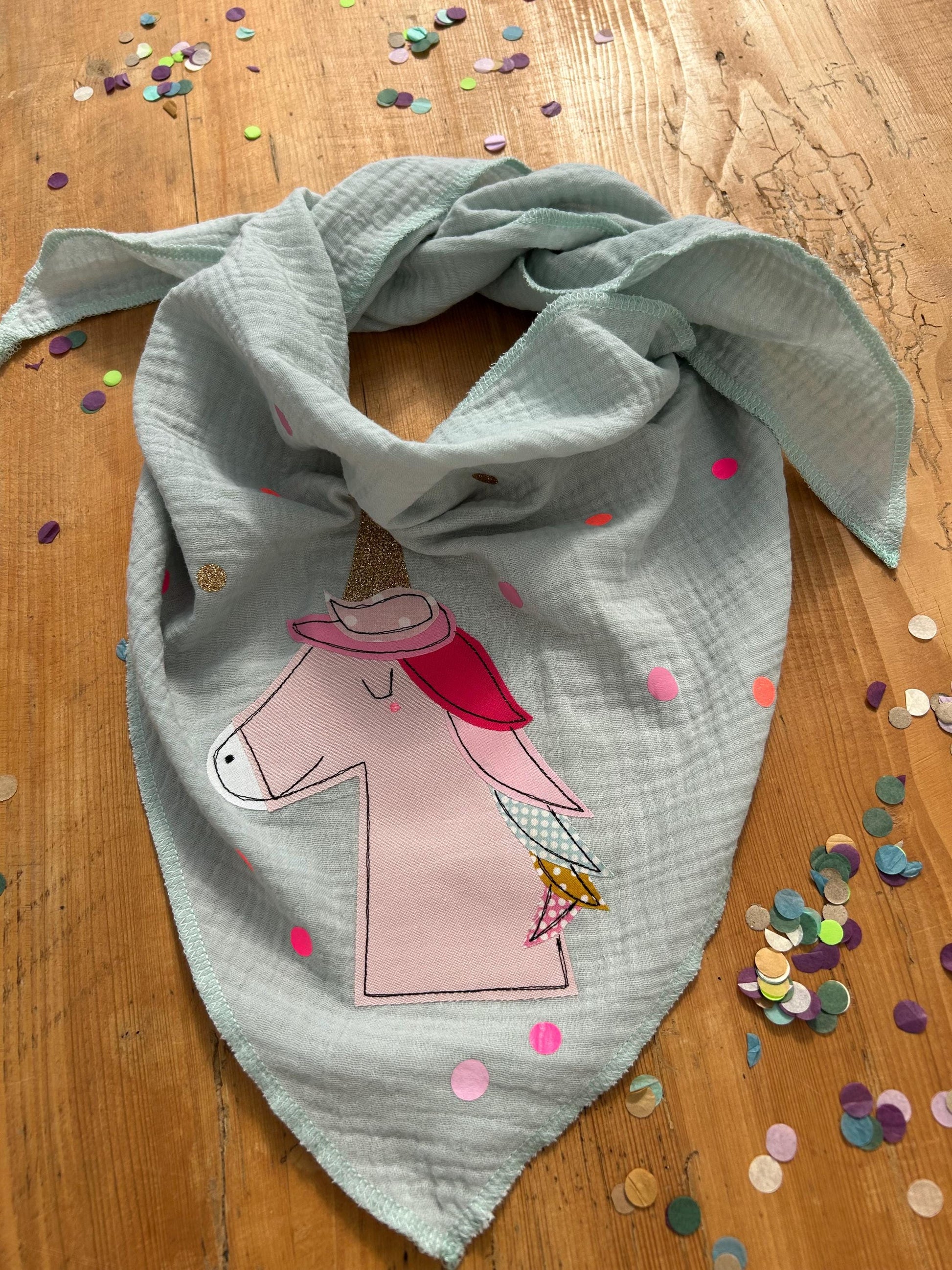 Kinder Halstuch Musselin, Musselintuch Musselinschal Tuch Einhorn, Geschenk, Konfetti, Glitzer, Musselin mint, Geschenk Einschulung, Schule