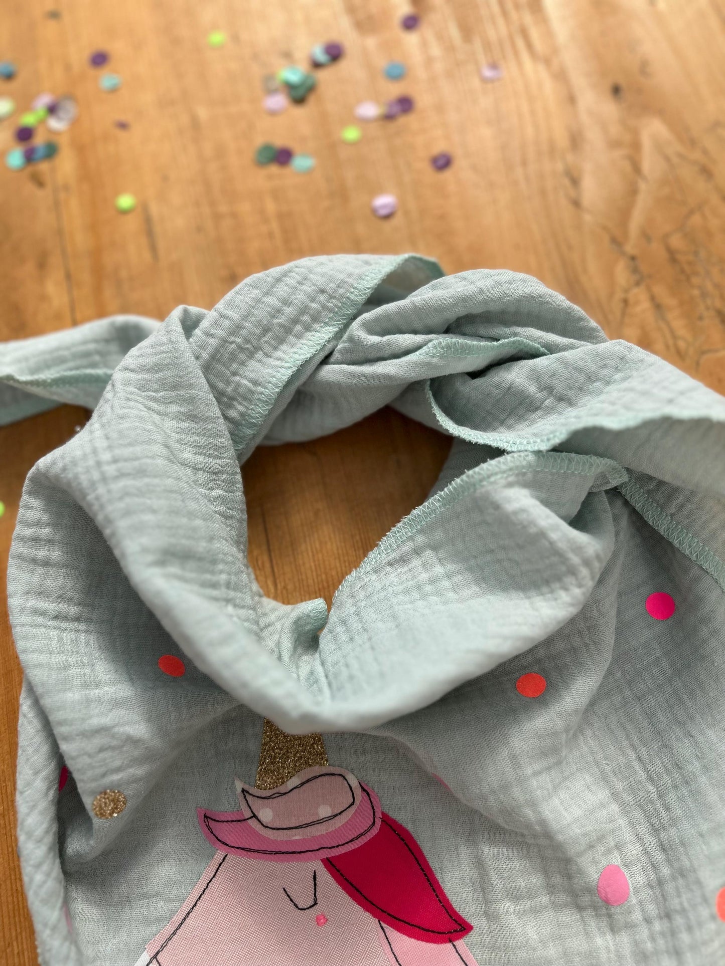 Kinder Halstuch Musselin, Musselintuch Musselinschal Tuch Einhorn, Geschenk, Konfetti, Glitzer, Musselin mint, Geschenk Einschulung, Schule