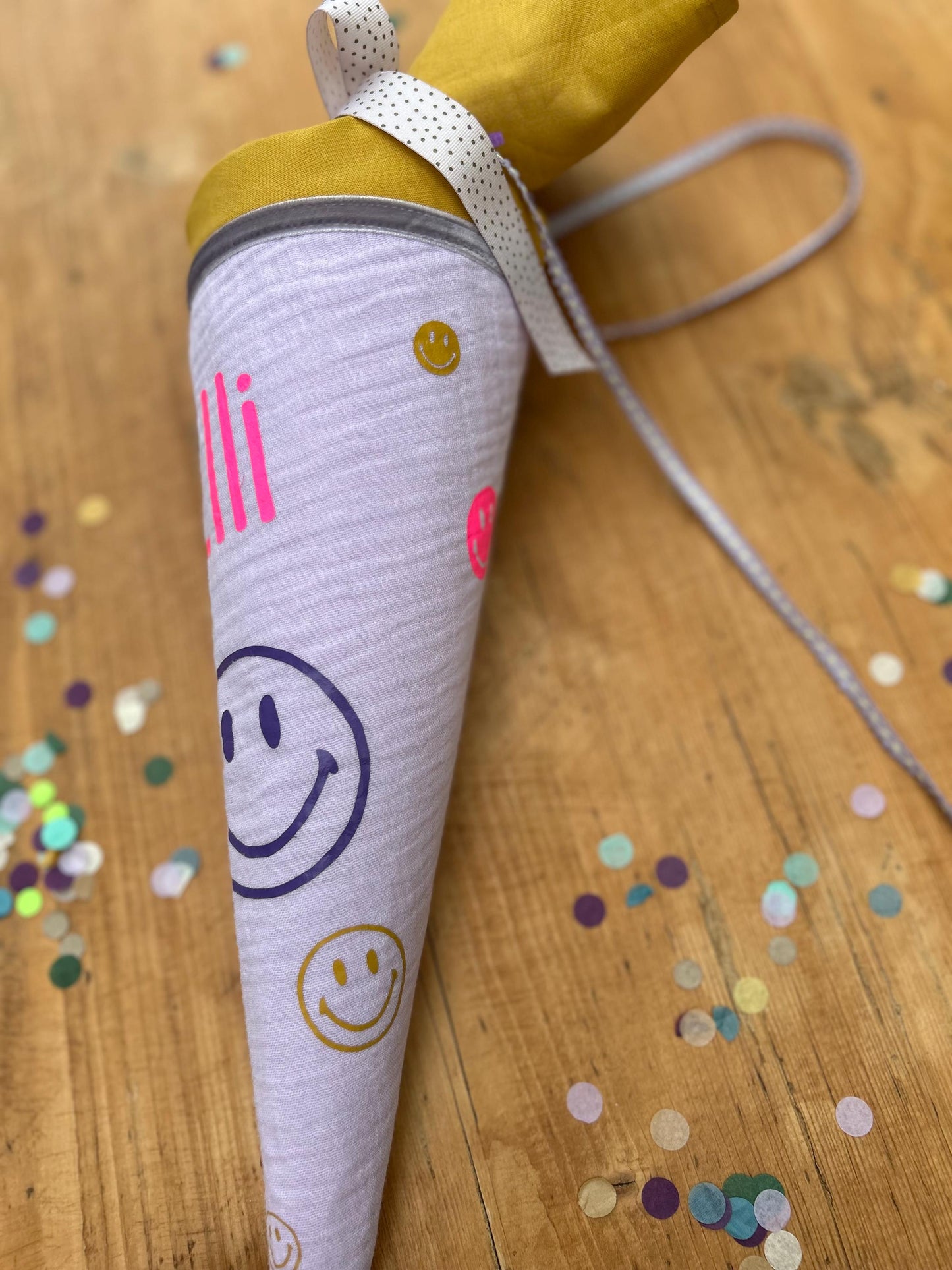 Schultüte oder Geschwisterschultüte Zuckertüte Schultüte Stoff Einschulung Geschwisterschultüte Smiley neon Schultüte Smileys, flieder, neon