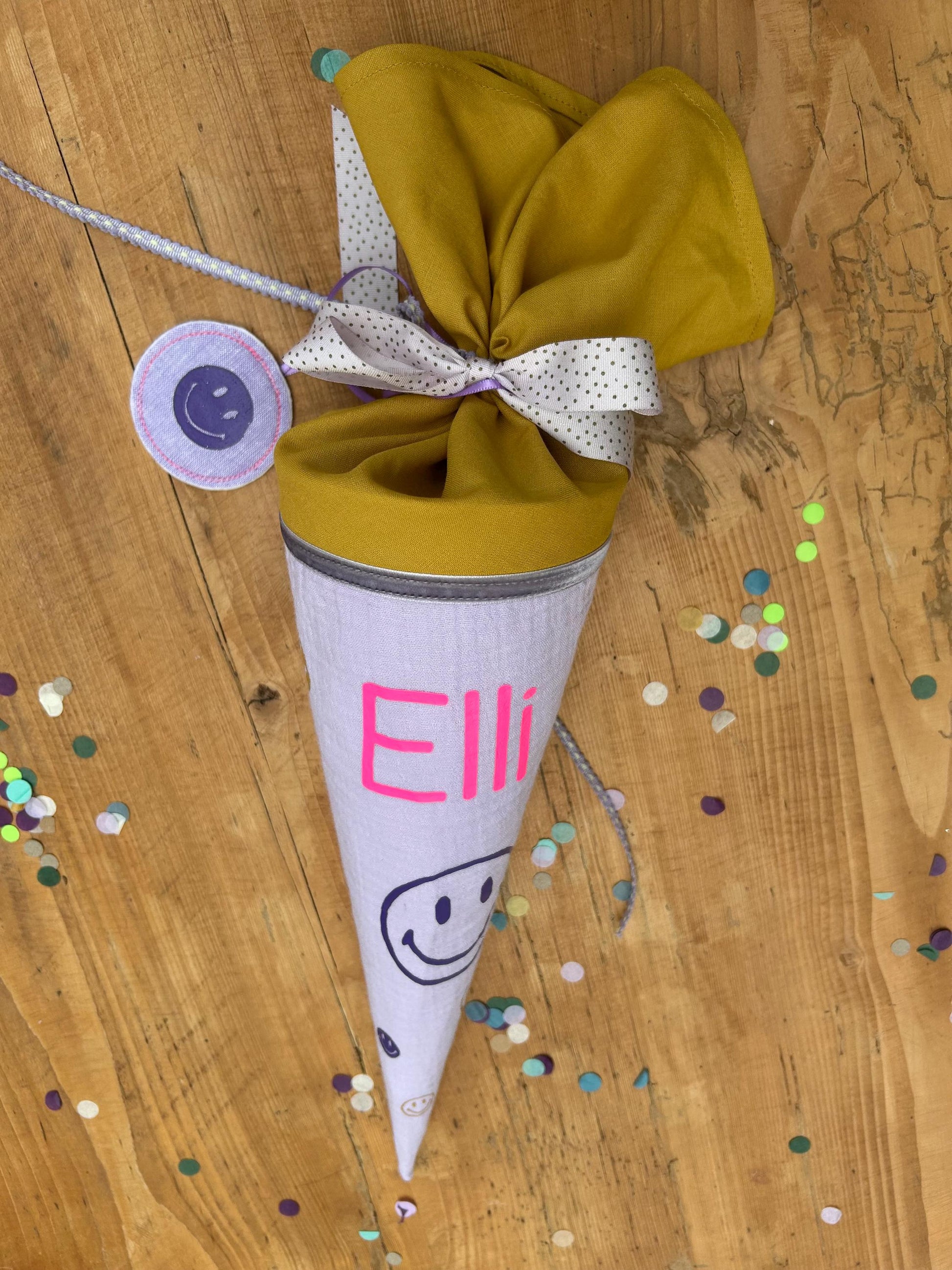 Schultüte oder Geschwisterschultüte Zuckertüte Schultüte Stoff Einschulung Geschwisterschultüte Smiley neon Schultüte Smileys, flieder, neon