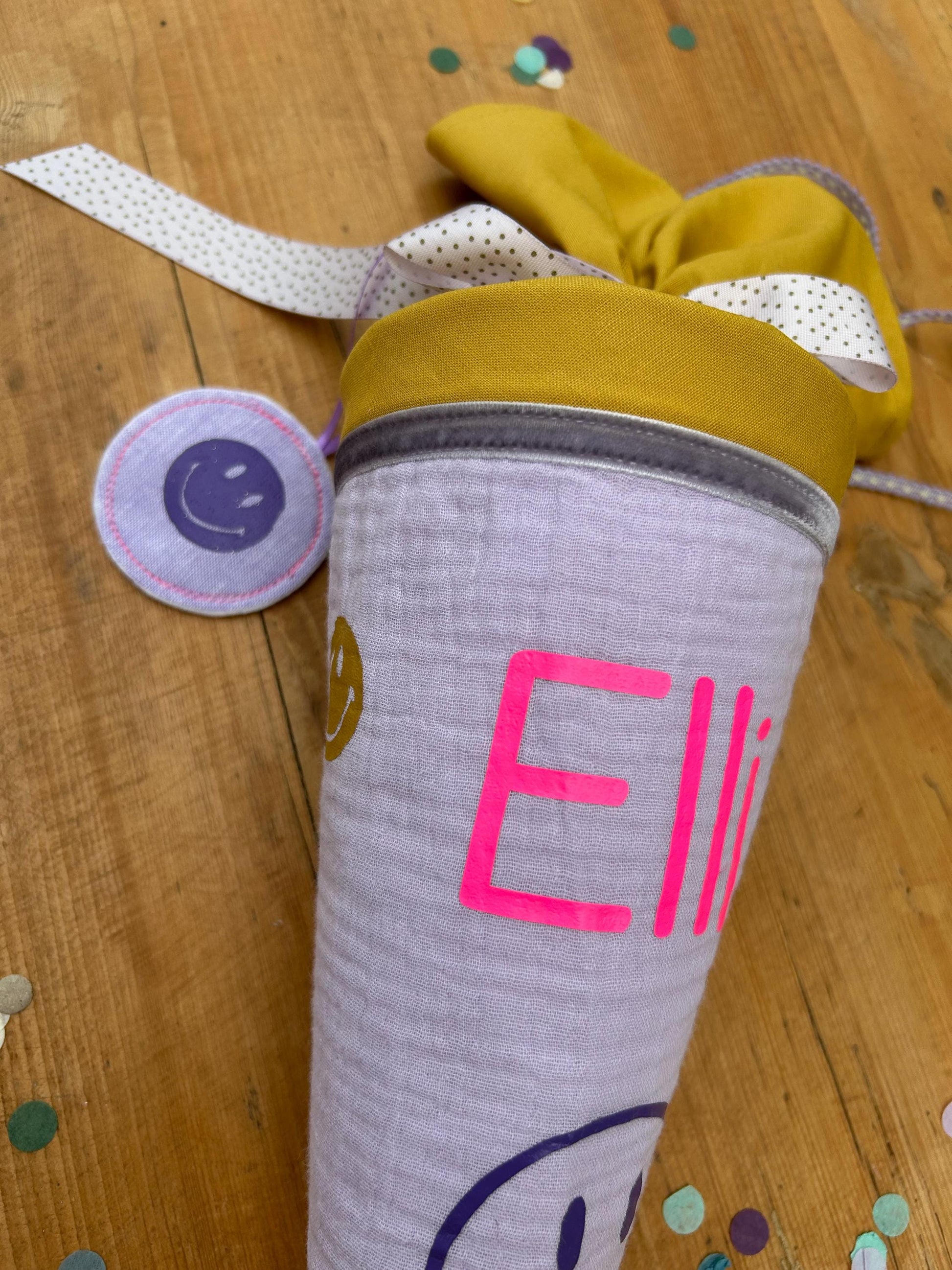 Schultüte oder Geschwisterschultüte Zuckertüte Schultüte Stoff Einschulung Geschwisterschultüte Smiley neon Schultüte Smileys, flieder, neon