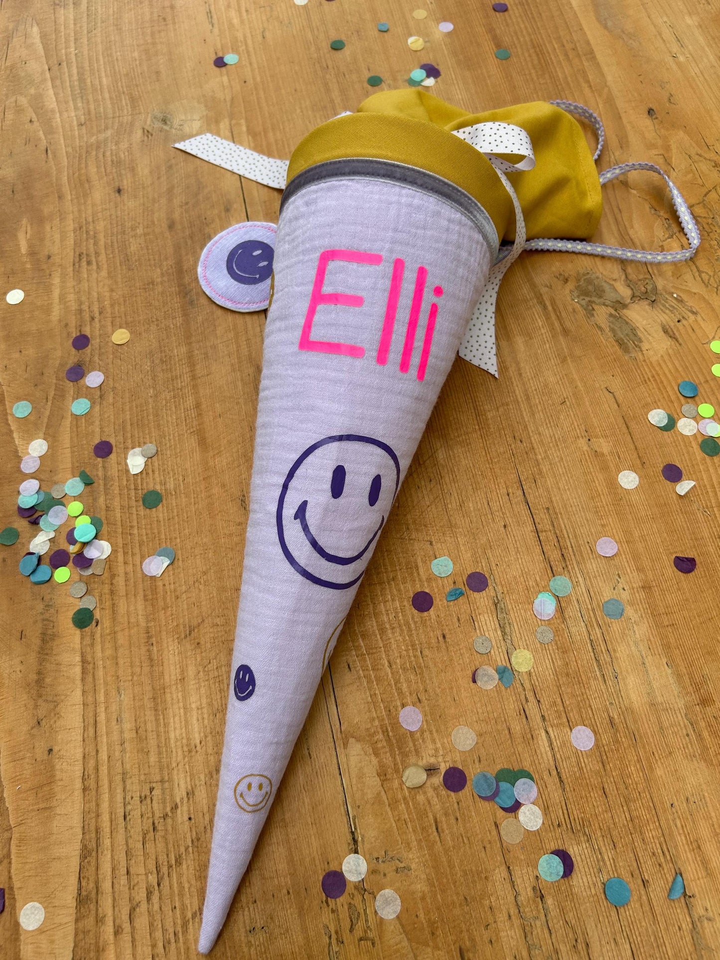 Schultüte oder Geschwisterschultüte Zuckertüte Schultüte Stoff Einschulung Geschwisterschultüte Smiley neon Schultüte Smileys, flieder, neon