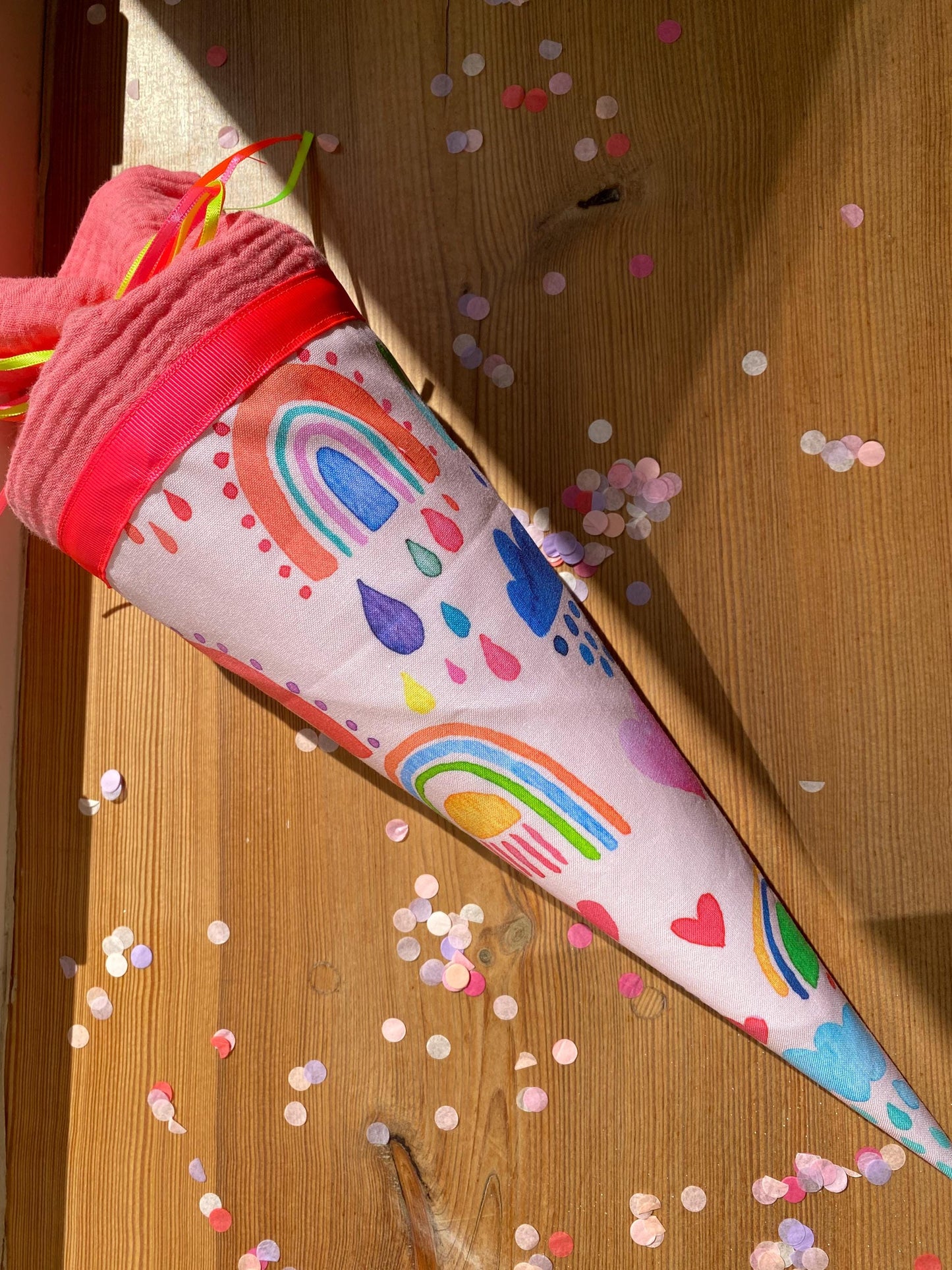 Geschwisterschultüte, Zuckertüte, Trosttüte Mädchen Jungs Regenbogen gute Laune Schulanfang Einschulung Kiga Start Milla Louise neon pink