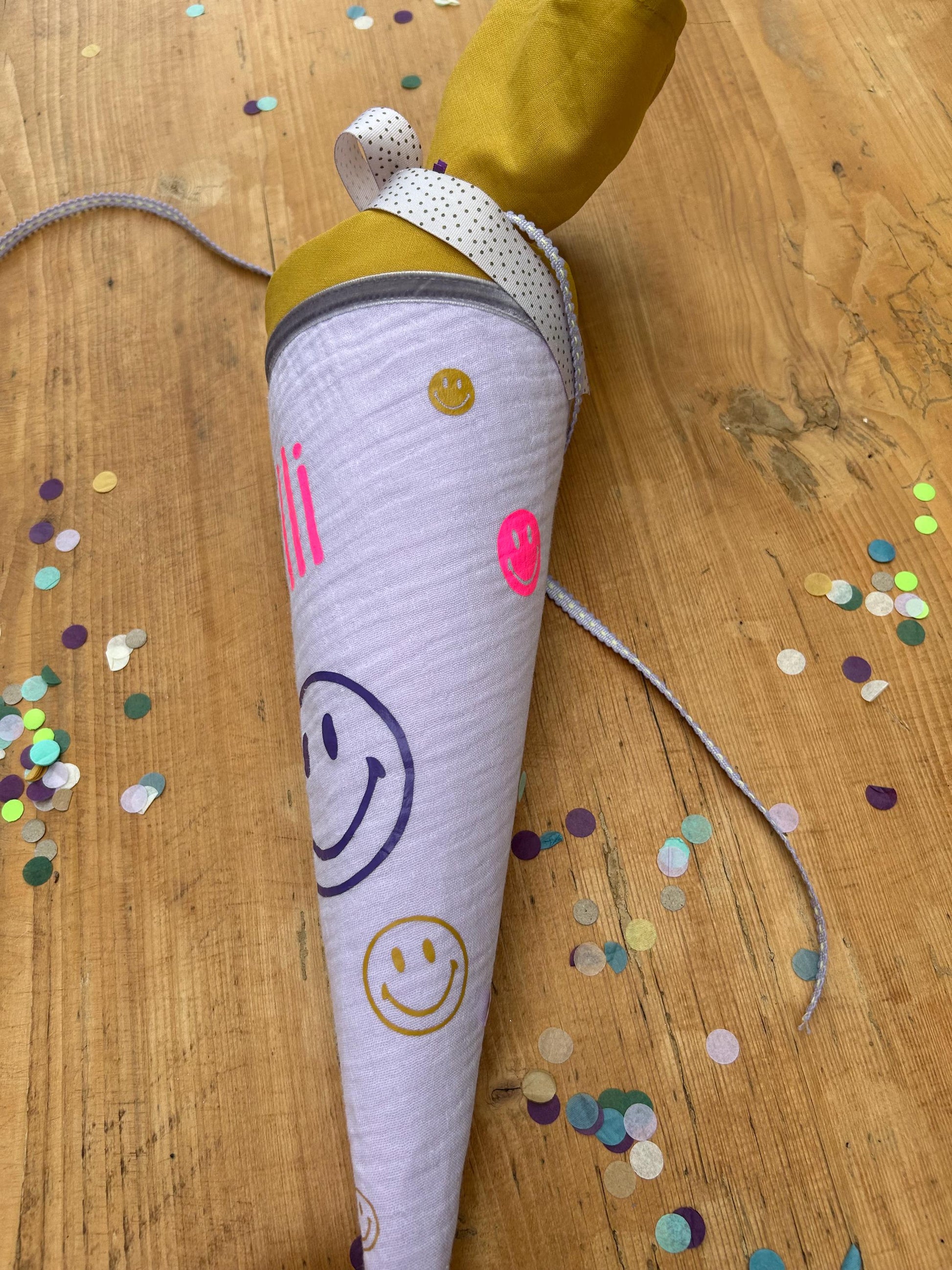 Schultüte oder Geschwisterschultüte Zuckertüte Schultüte Stoff Einschulung Geschwisterschultüte Smiley neon Schultüte Smileys, flieder, neon