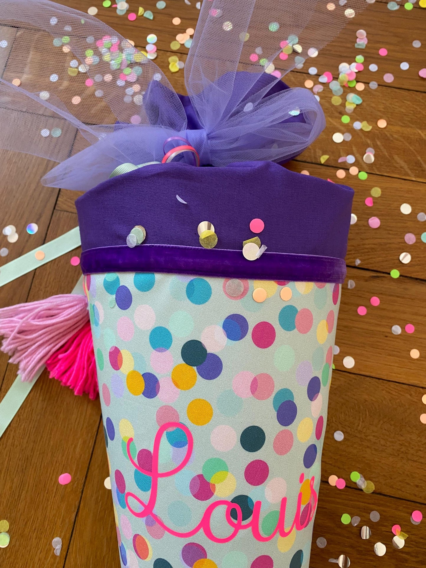 Schultüte, Zuckertüte, Trosttüte Musselin Schultüte Stoff Schulanfang Einschulung bunte Konfetti Kindergarten Milla Louise lila neon pink
