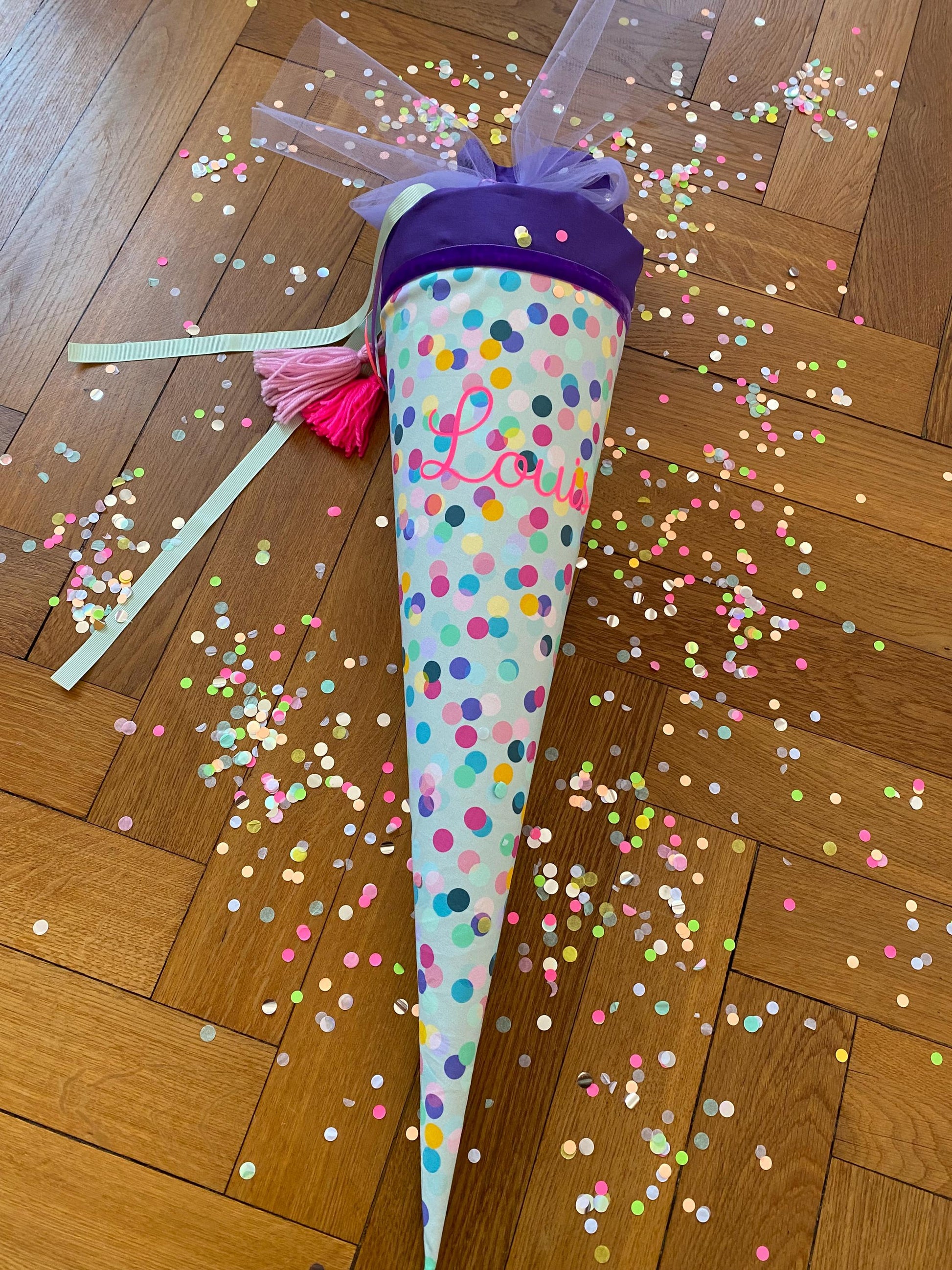 Schultüte, Zuckertüte, Trosttüte Musselin Schultüte Stoff Schulanfang Einschulung bunte Konfetti Kindergarten Milla Louise lila neon pink