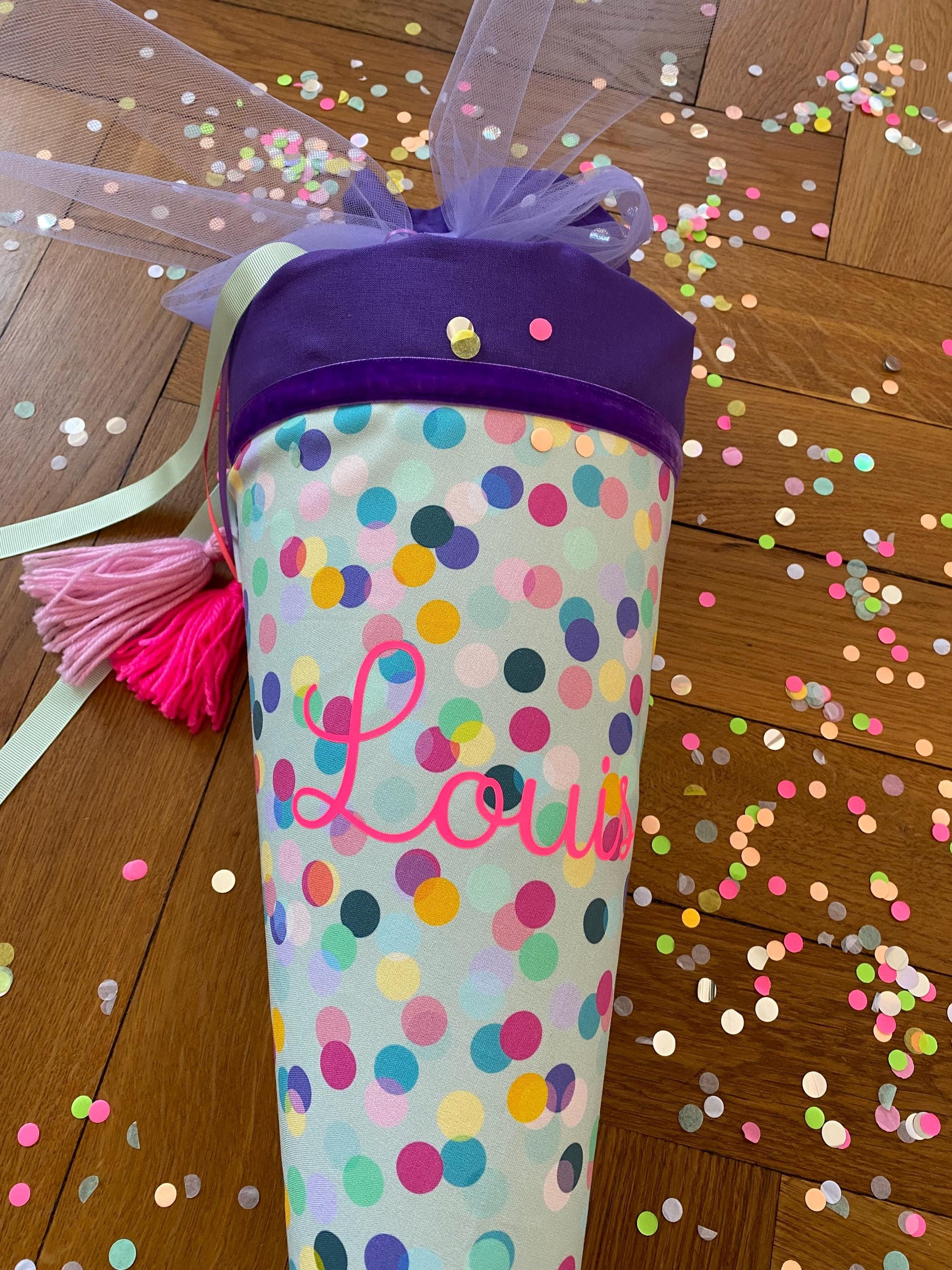 Schultüte, Zuckertüte, Trosttüte Musselin Schultüte Stoff Schulanfang Einschulung bunte Konfetti Kindergarten Milla Louise lila neon pink