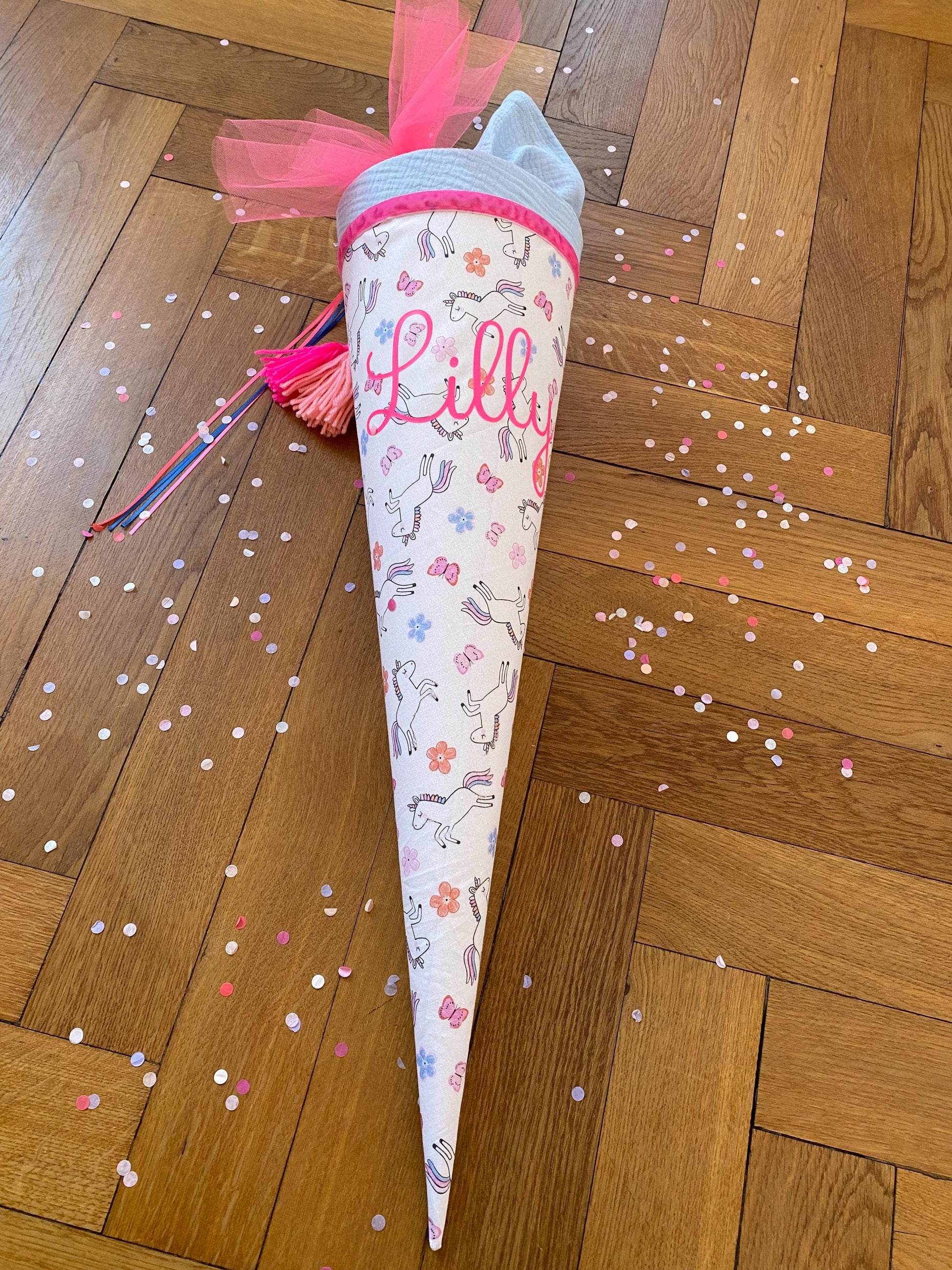 Schultüte Musselin Schulstart Schulanfang Mädchen Einschulung Ergobag Blume Schmetterling Step by step Einhorn pink neon Milla Louise