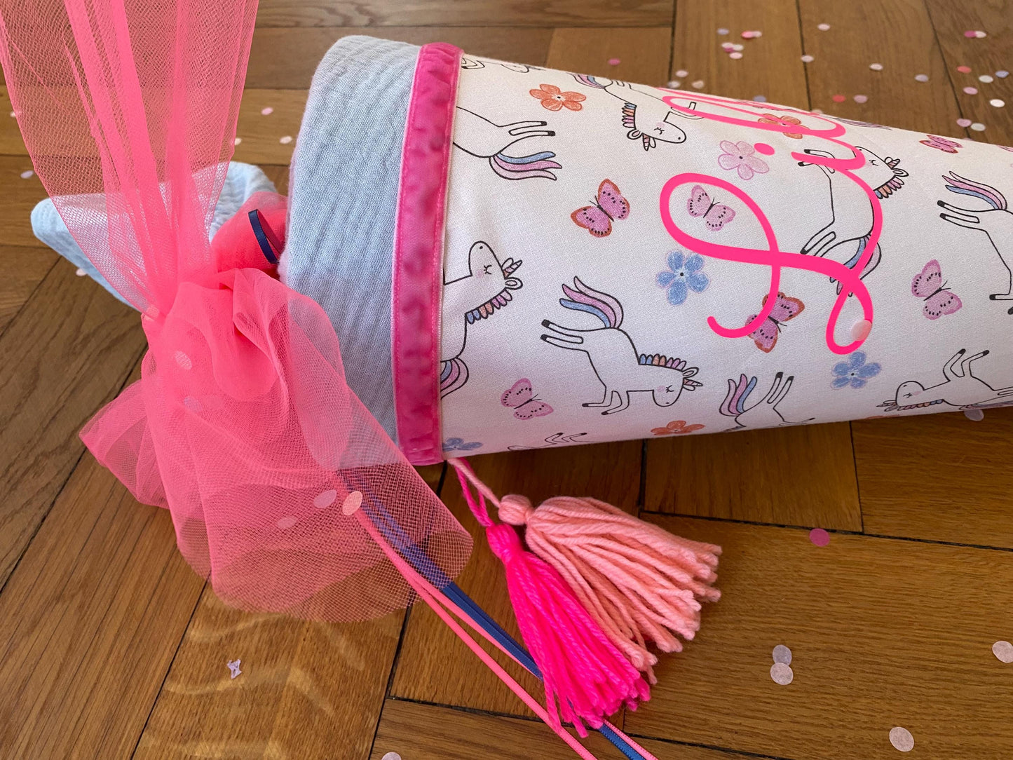 Schultüte Musselin Schulstart Schulanfang Mädchen Einschulung Ergobag Blume Schmetterling Step by step Einhorn pink neon Milla Louise