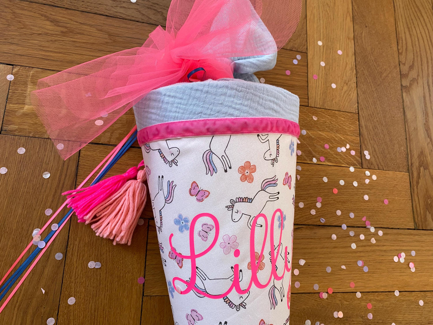 Schultüte Musselin Schulstart Schulanfang Mädchen Einschulung Ergobag Blume Schmetterling Step by step Einhorn pink neon Milla Louise