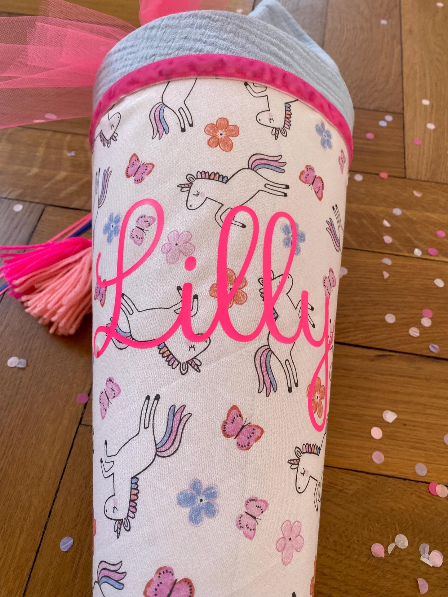 Schultüte Musselin Schulstart Schulanfang Mädchen Einschulung Ergobag Blume Schmetterling Step by step Einhorn pink neon Milla Louise