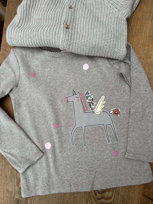 Rippjersey Shirt beige, Geburtstagsshirt Mädchen Shirt Biobaumwolle, Shirt zum Geburtstag, Geschenk Kinder, Langarmshirt Einhorn, Biojersey