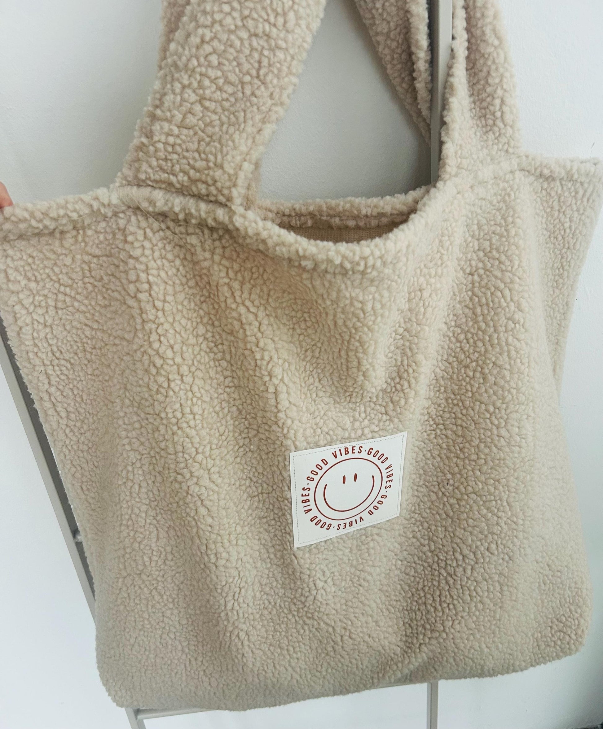 XXL Teddyfleece Tasche, Beutel Teddyfell, Teddy Tasche, Kinderwagentasche Teddy, Teddyfleece, Geschenk personalisiert, Teddyplüsch, Smiley