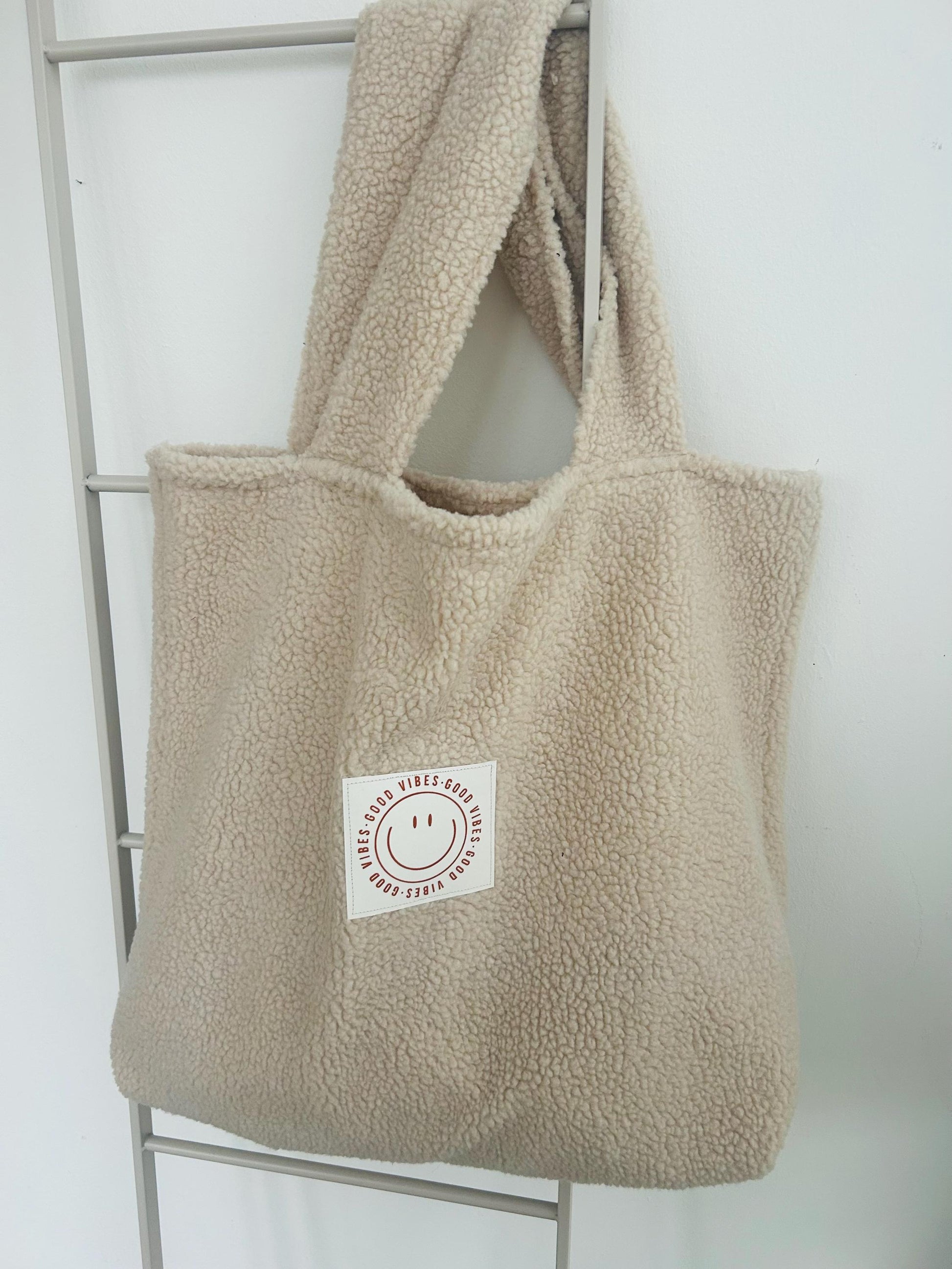 XXL Teddyfleece Tasche, Beutel Teddyfell, Teddy Tasche, Kinderwagentasche Teddy, Teddyfleece, Geschenk personalisiert, Teddyplüsch, Smiley