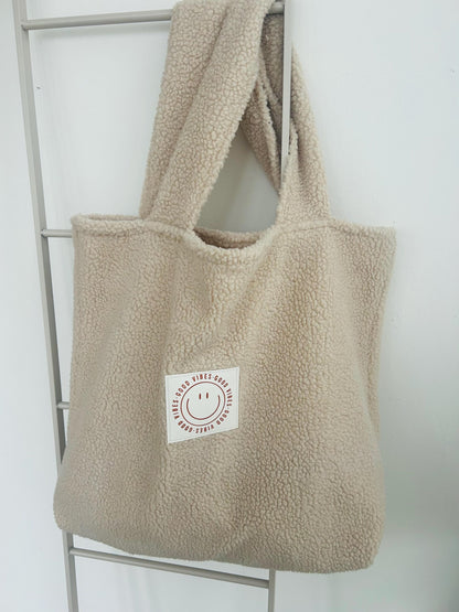 XXL Teddyfleece Tasche, Beutel Teddyfell, Teddy Tasche, Kinderwagentasche Teddy, Teddyfleece, Geschenk personalisiert, Teddyplüsch, Smiley