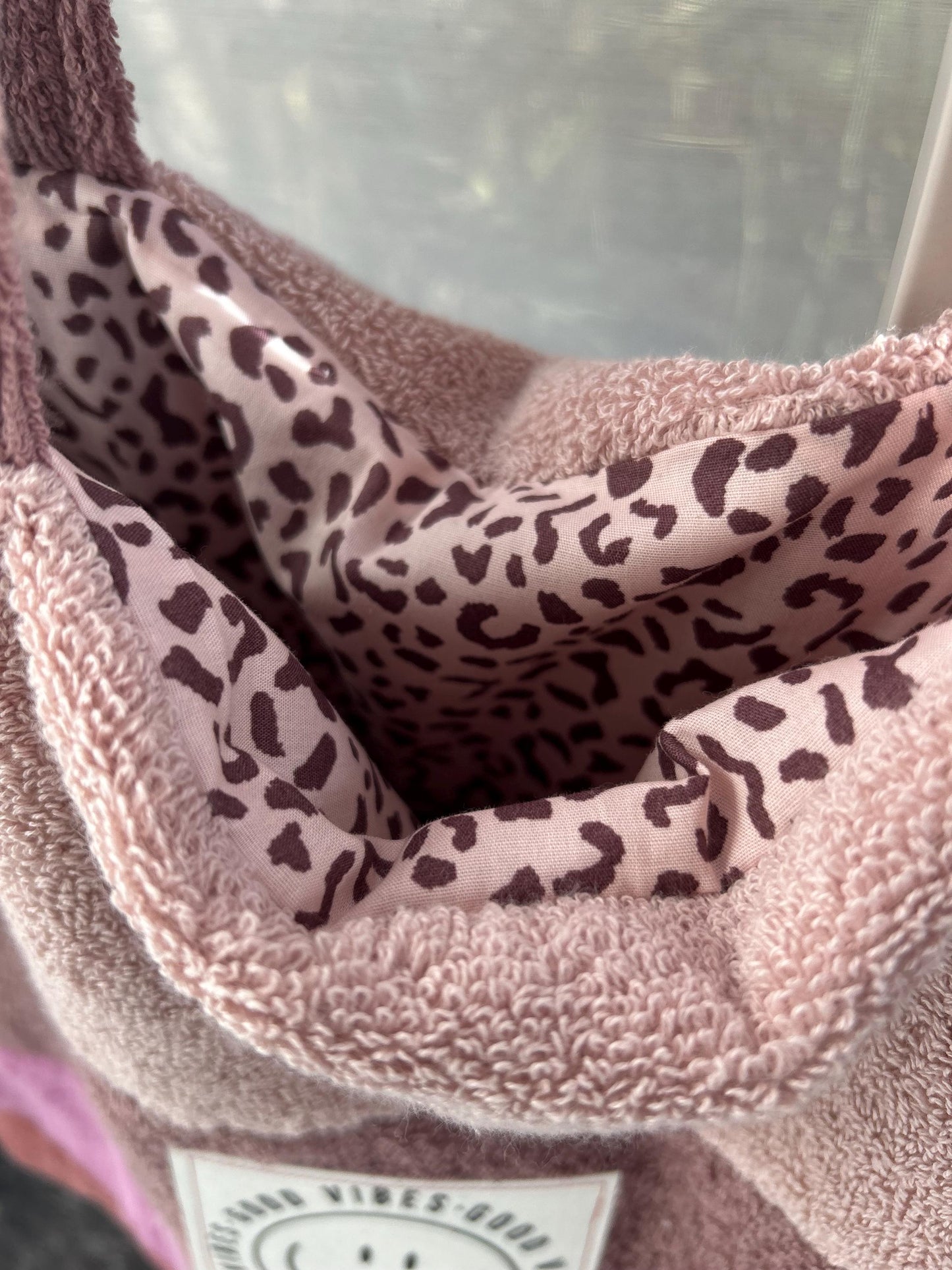 große Frottee Tasche, Beutel Frottee, große Badetasche, Kinderwagentasche ,Leo-Tasche, Geschenk personalisiert, Frottee rosa, Smiley
