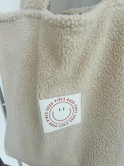 XXL Teddyfleece Tasche, Beutel Teddyfell, Teddy Tasche, Kinderwagentasche Teddy, Teddyfleece, Geschenk personalisiert, Teddyplüsch, Smiley